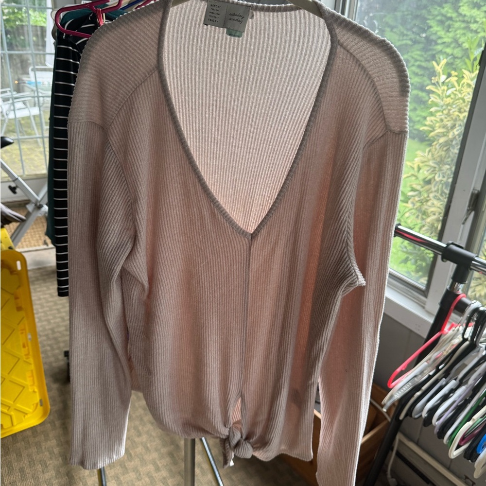 Anthropologie Cream V-Neck Sweater Ribbed Knit